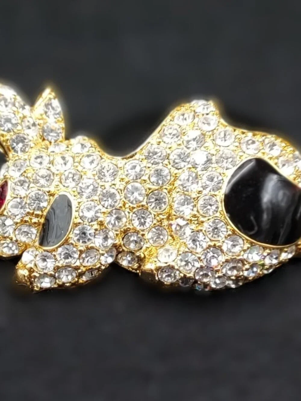 Vintage Bunny with Gold Tone Black Enamal and Clear Stones and a Ruby Eye